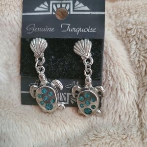 Vintage E.G.E 1993 Silvertone with Genuine Turquoise Sea Turtle Earrings